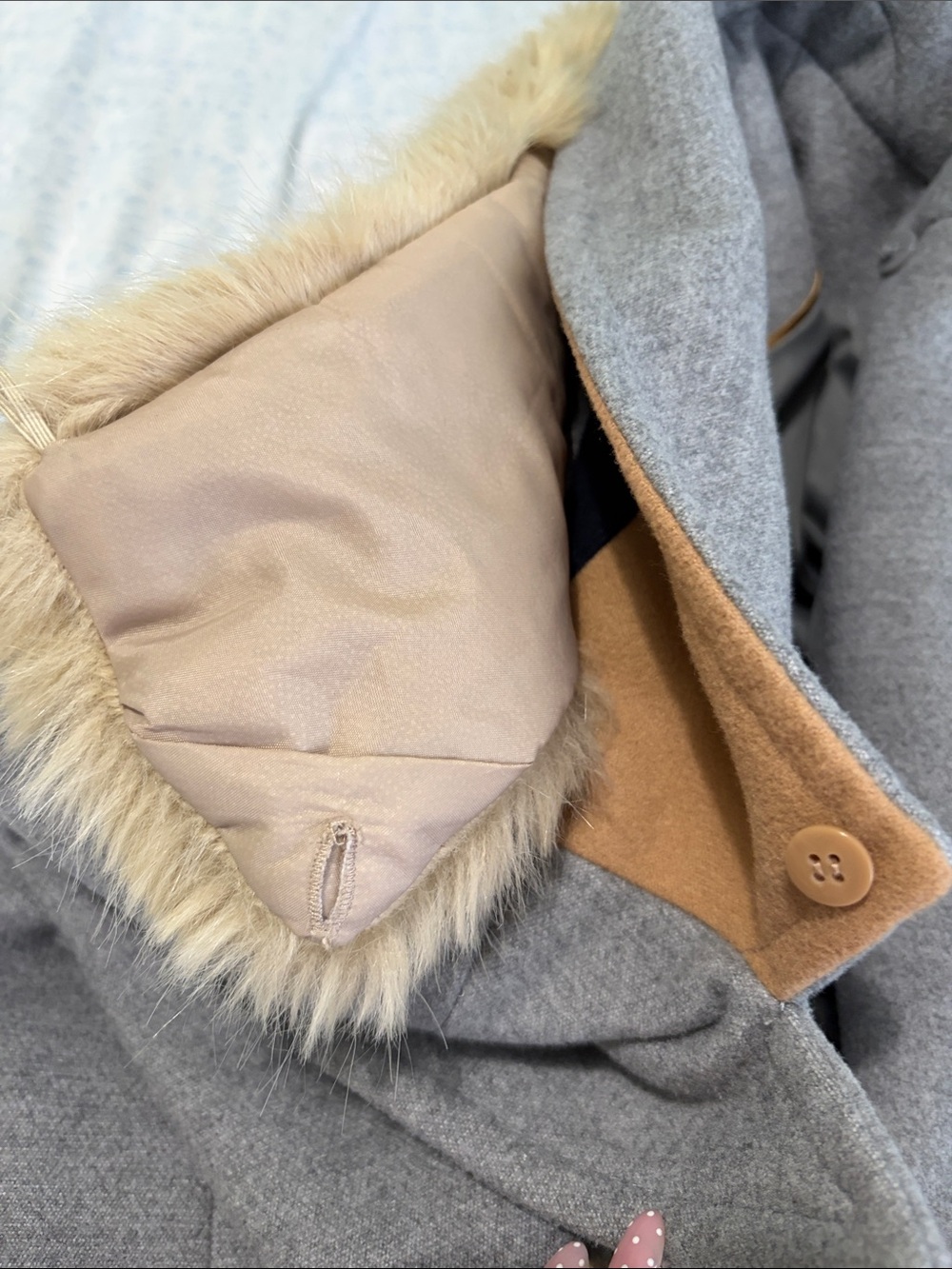 Top Shop Gray Double-Breasted Coat with removable Faux Fur Hood - Picture 3 of 4
